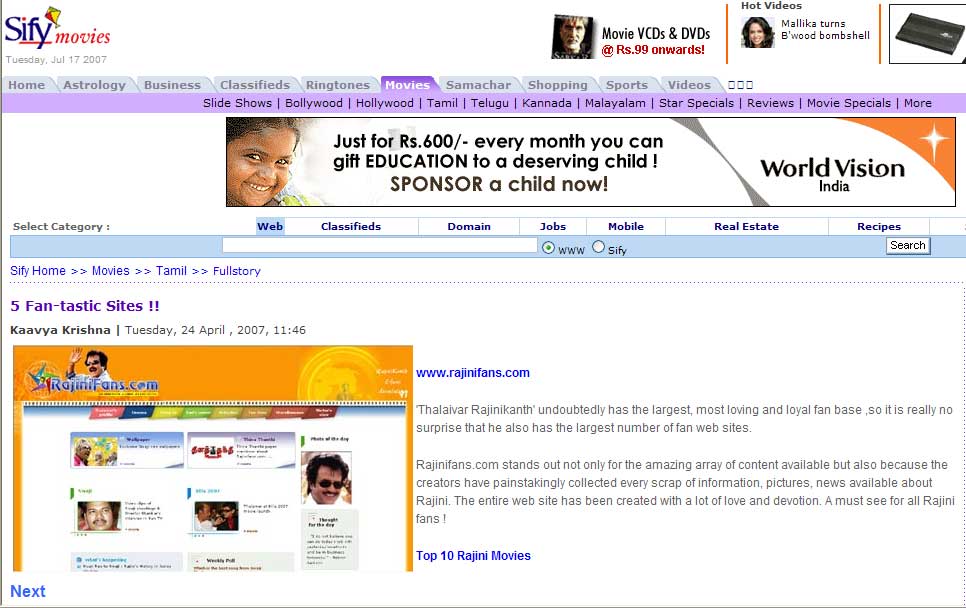 Sify declare Rajinifans.com as No.1 Fan Site!