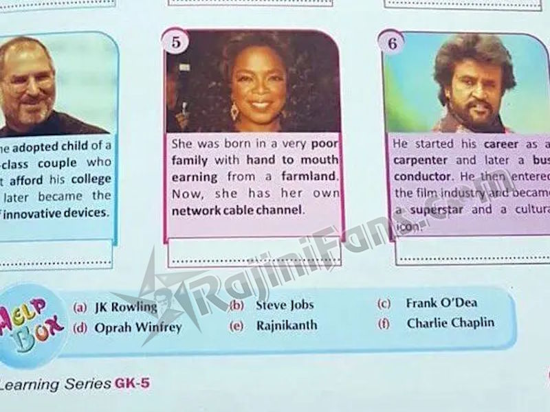 State board textbook featuring Rajinikanth