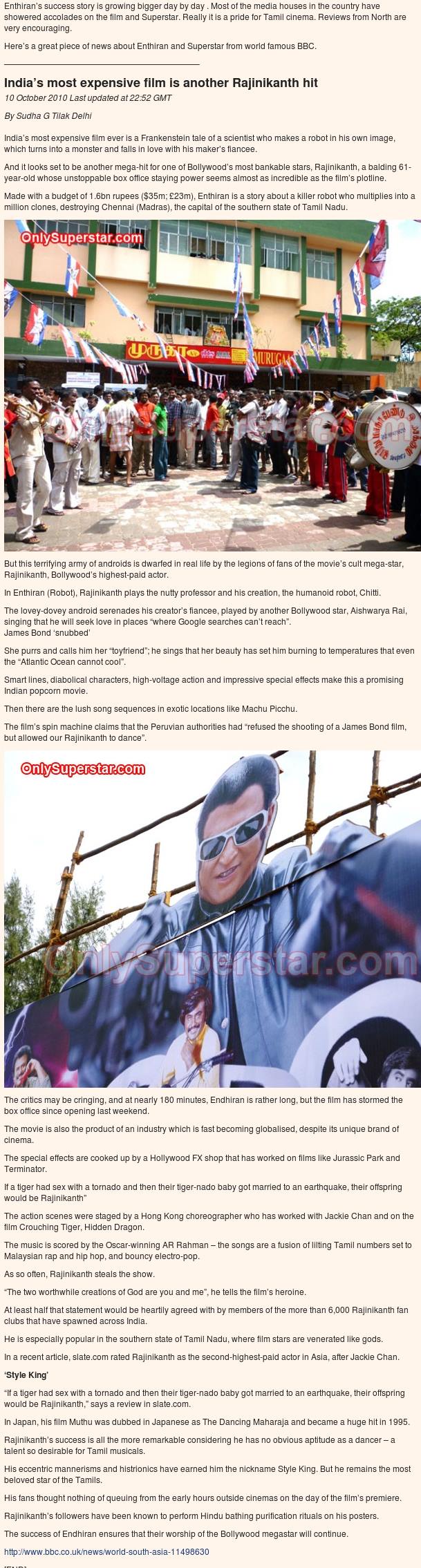 BBC’s article on Superstar and Robot’s super success! - Endhiran Boxoffice - Rajinifans.com